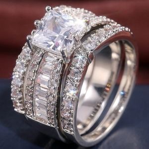 NEW 3 PC SET Princess cut silver Diamond Ring